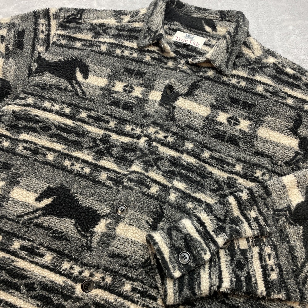 Vtg True Grit Mens Horse Blanket Sherpa Fleece Shacket Sz L Western Aztec Tribal